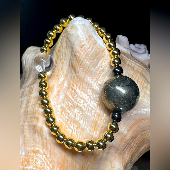 CLEAR  QUARTZ + GOLD-FILLED + PYRITE NATURAL STONES BRACELET size 7” - Picture 1 of 16
